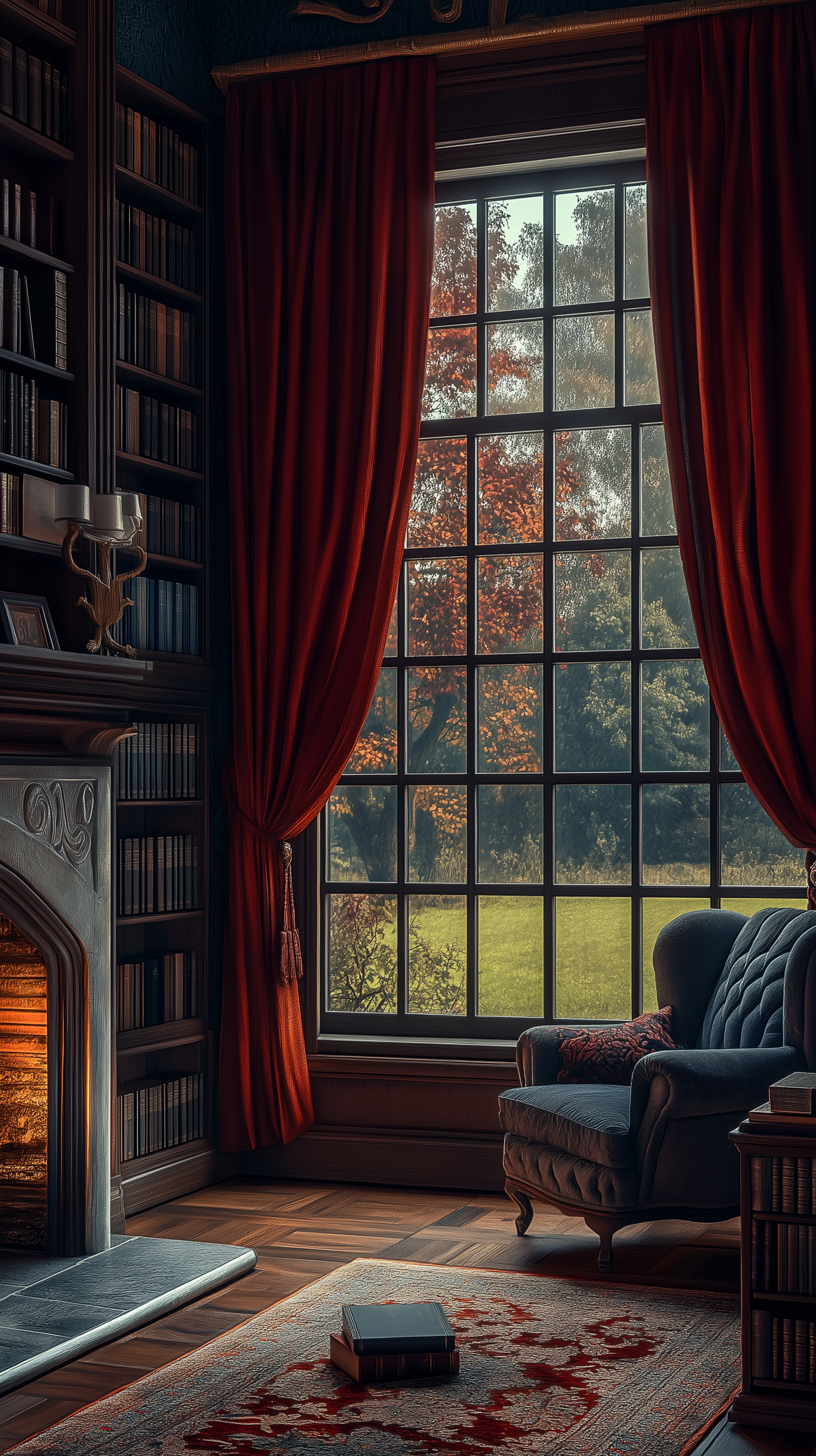A private library_ in an English-style manor house, with a large window into the garden, an armchair and a fireplace.