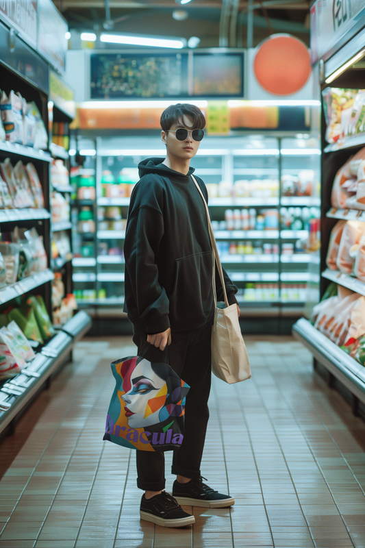 Man in a grocery store carrying a Dracula's Bride tote bag.