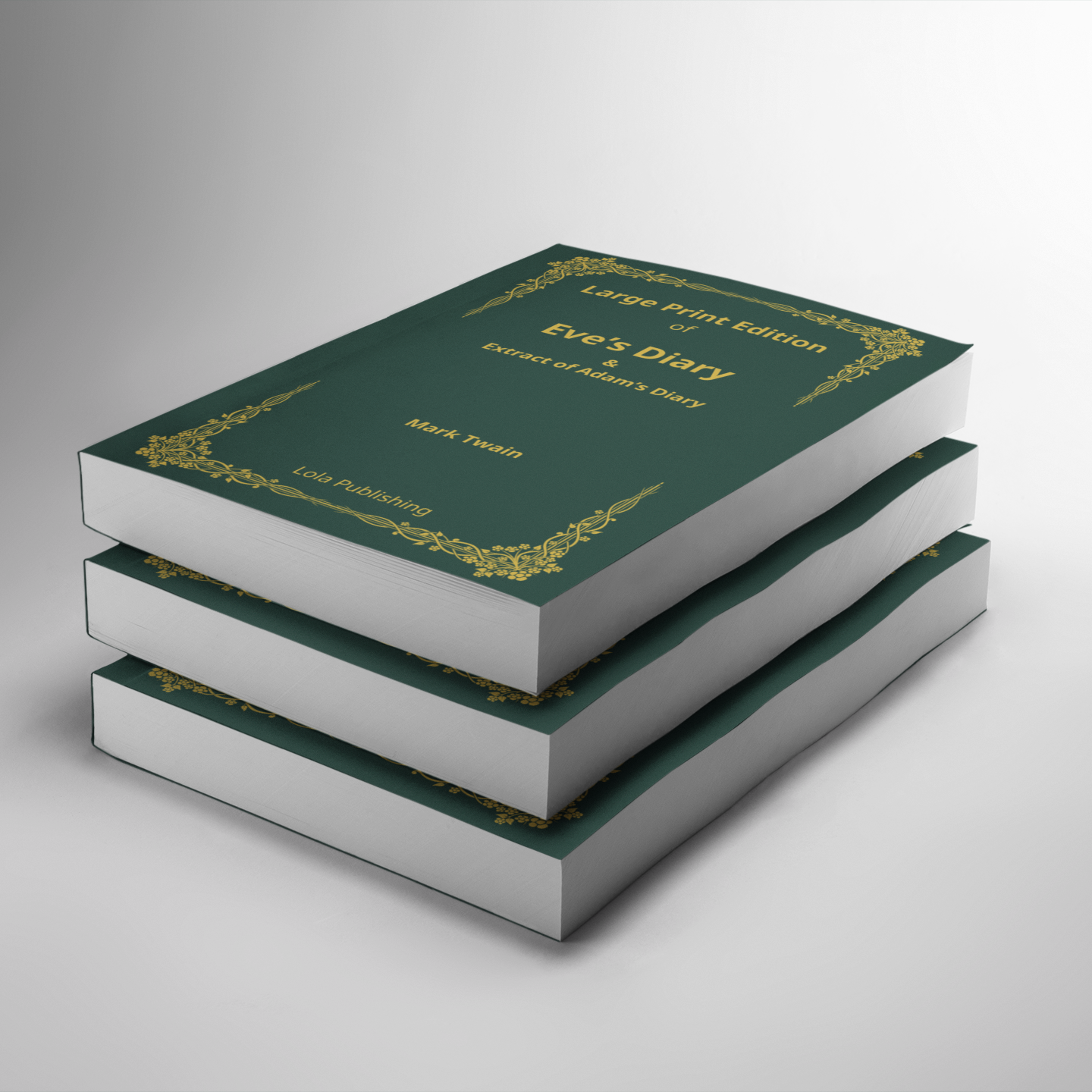 Three books stacked up on a white surface; the cover of Mark Twain's "Eve's Diary" visible.