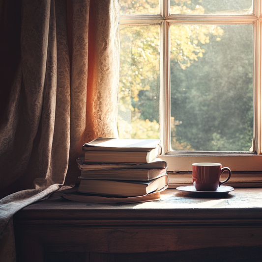 window seat with books and a cup of coffee