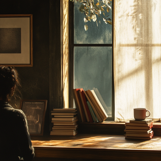 A woman sitting at a window desk. Stacks of books, a picture and a cup of tea are visible, standing or lying on the table.