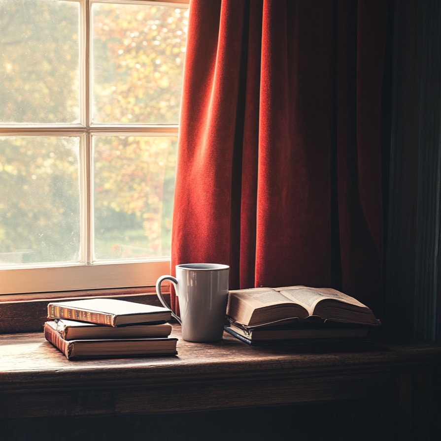 a window seat, a stack of books and a coffee mug on a wooden table, the sun casting warm, soft light through the window, velvet red curtains rich textures and muted colors