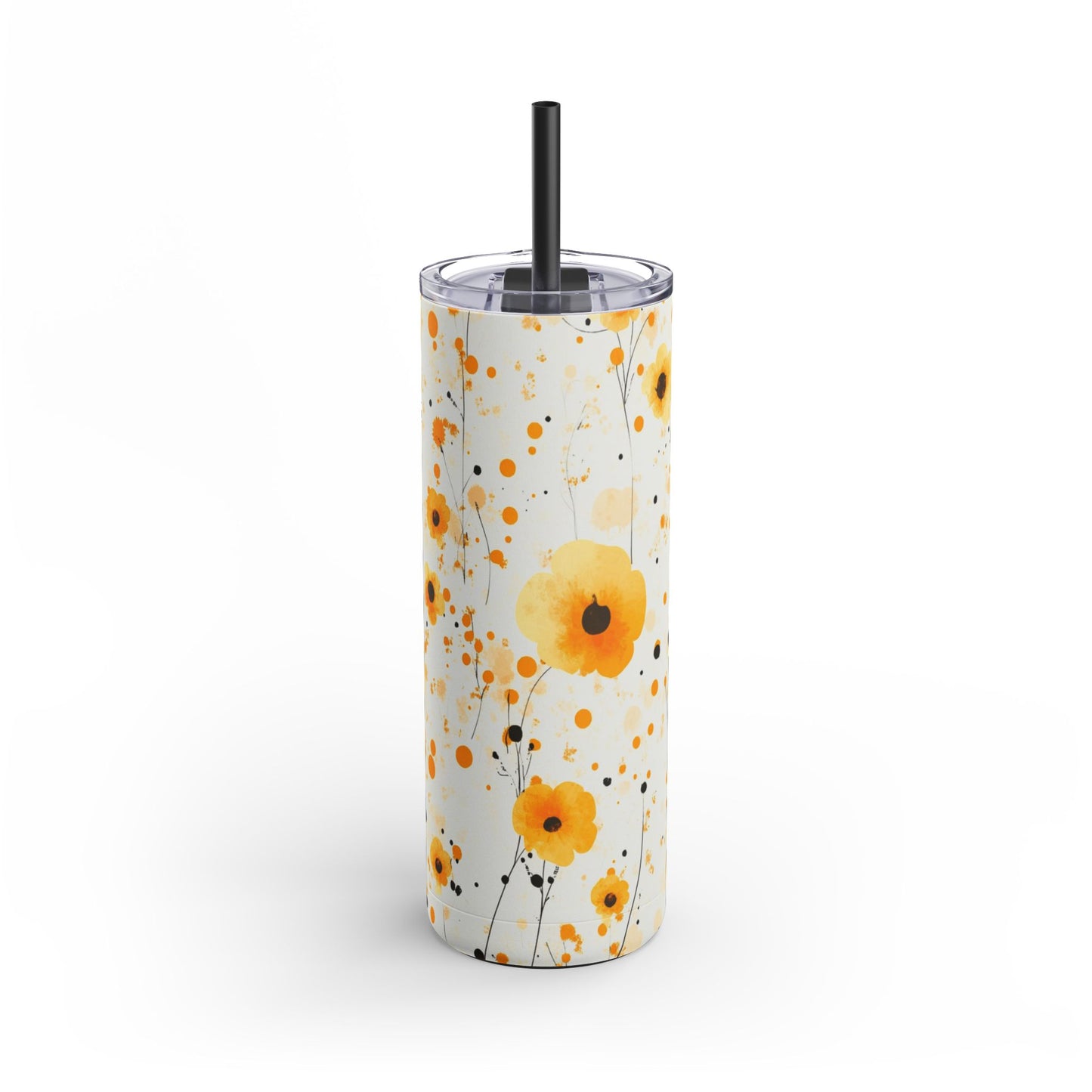 "Buttercup Skinny Tumbler with a soft purple floral design. Sleek and insulated for hot and cold drinks, perfect for daily use."