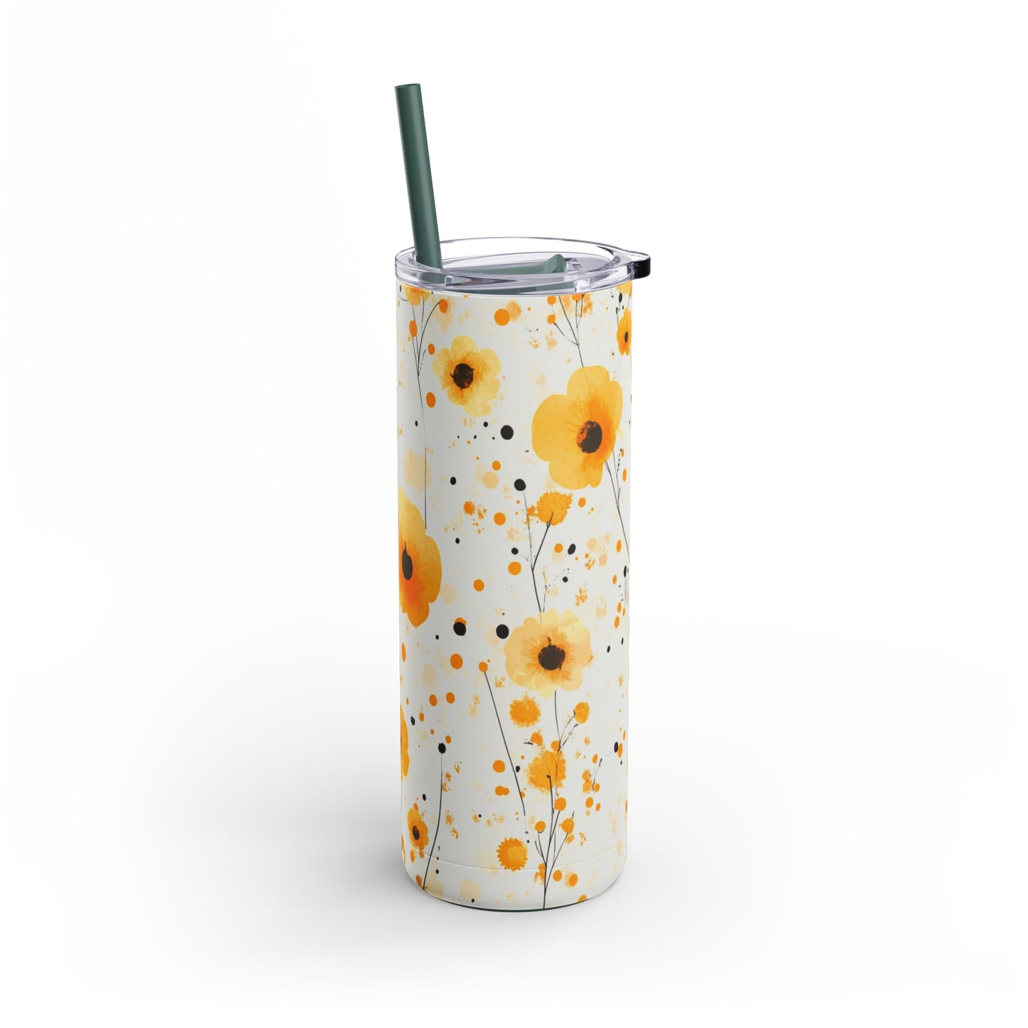 "Buttercup Skinny Tumbler, perfect for travel, work, and home. Lightweight and portable for effortless hydration on the go."