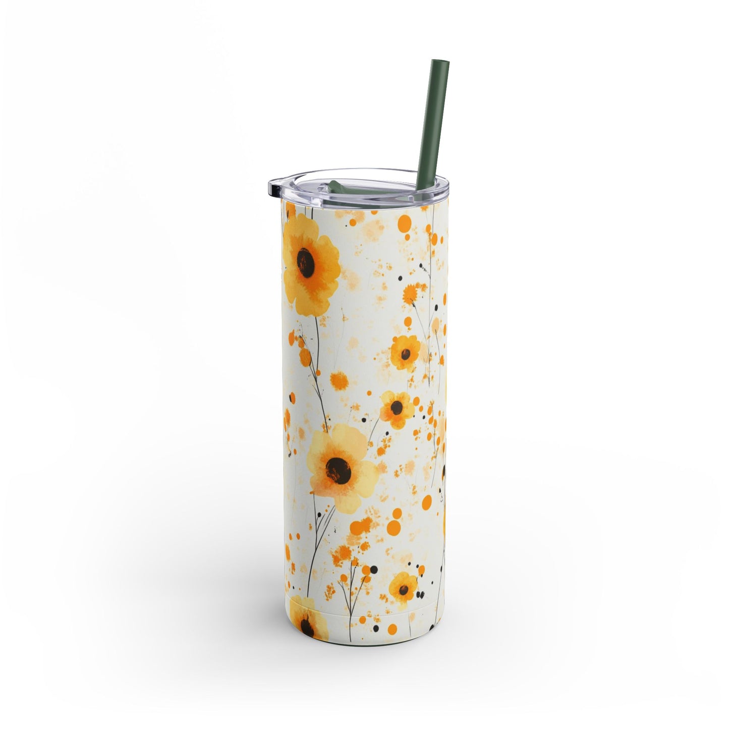 "Buttercup Skinny Tumbler with a slim, ergonomic design and a seamless floral print. Fits comfortably in hand and cup holders."