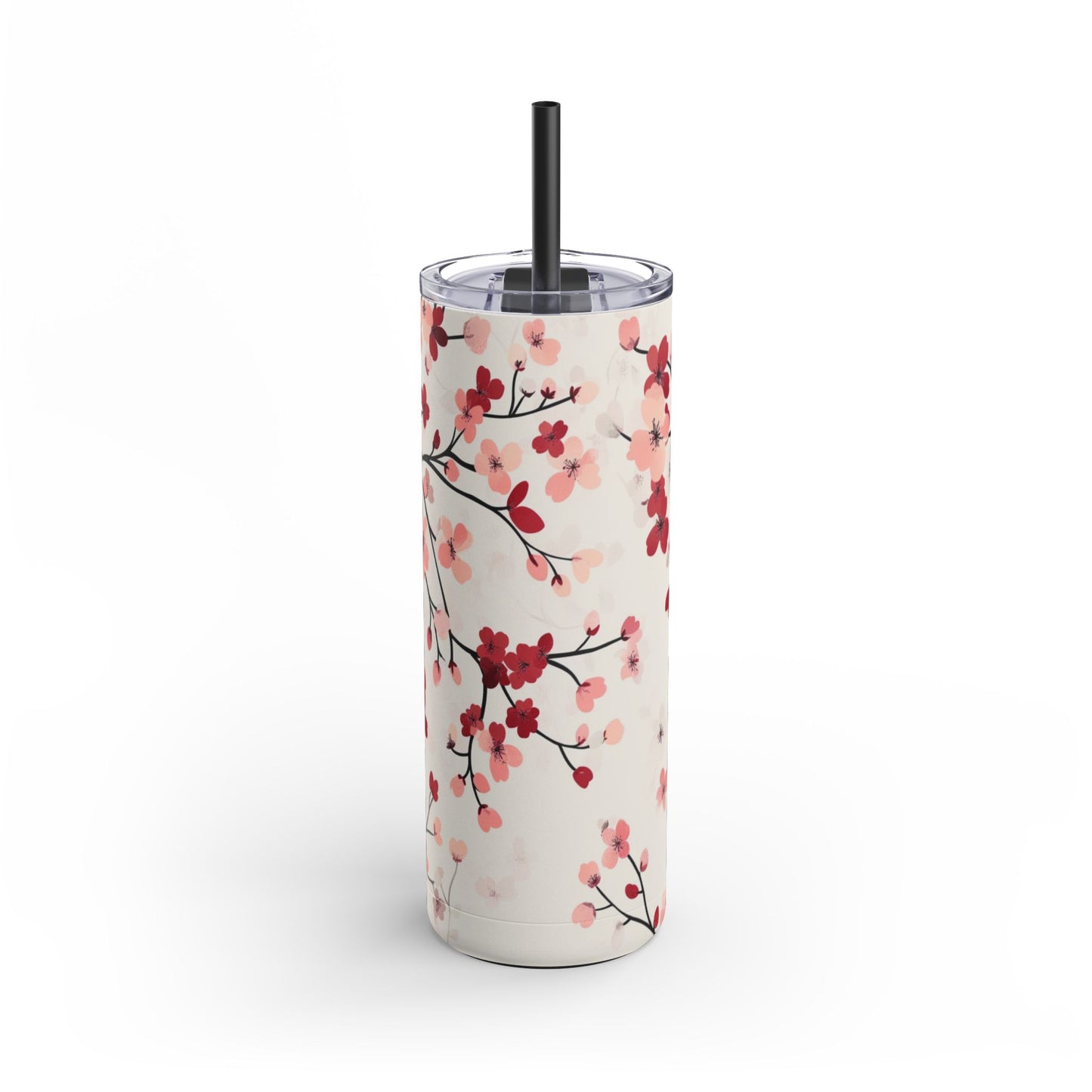 "Cherry Blossoms Skinny Tumbler with a soft pink floral design. Sleek and insulated for hot and cold drinks, perfect for daily use."