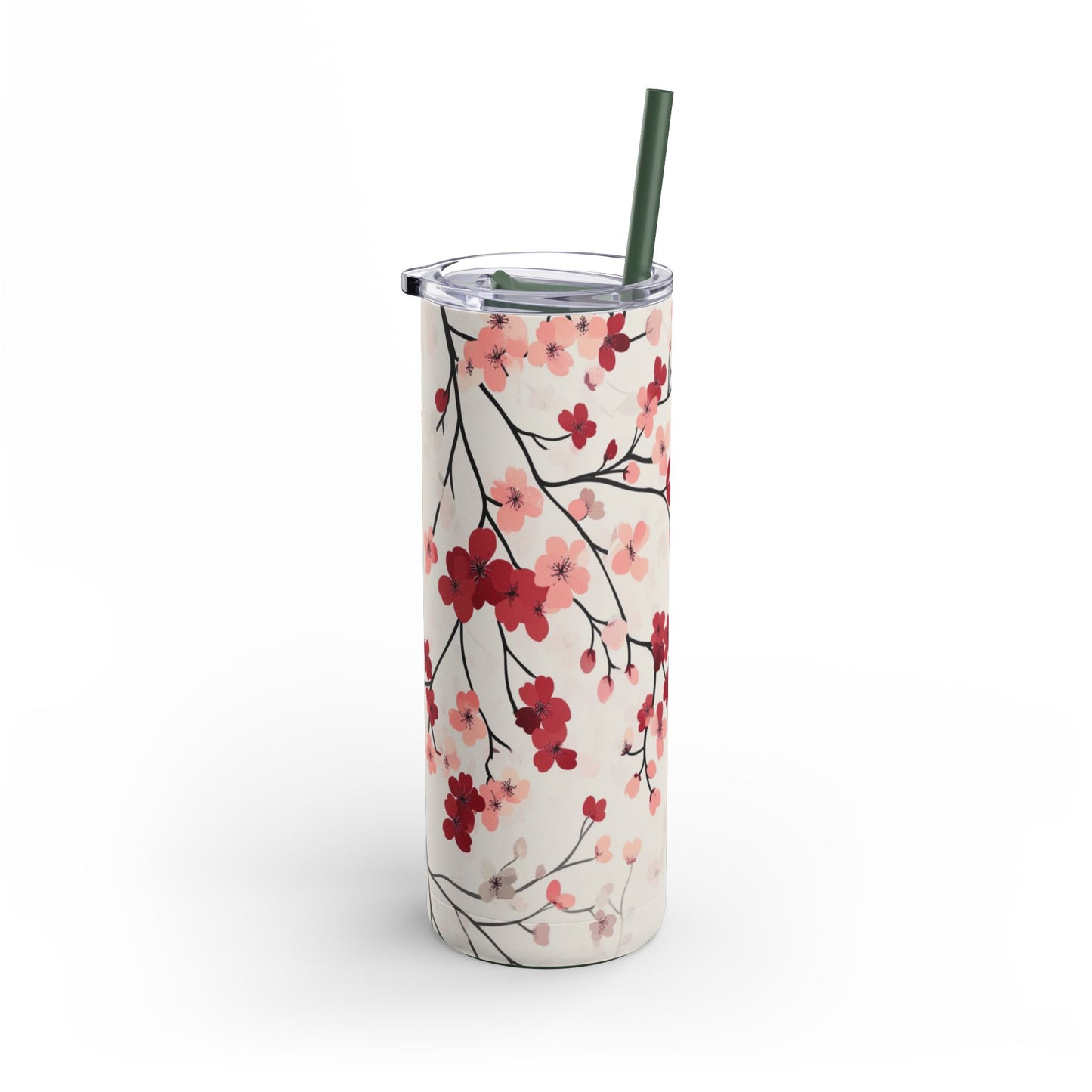 "Cherry Blossoms Skinny Tumbler with a slim, ergonomic design and a seamless floral print. Fits comfortably in hand and cup holders."