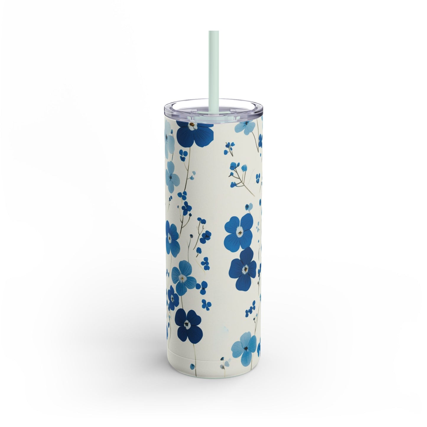 "Forget me nots Skinny Tumbler with a minimalist back design and a smooth, glossy finish. Elegant and functional."