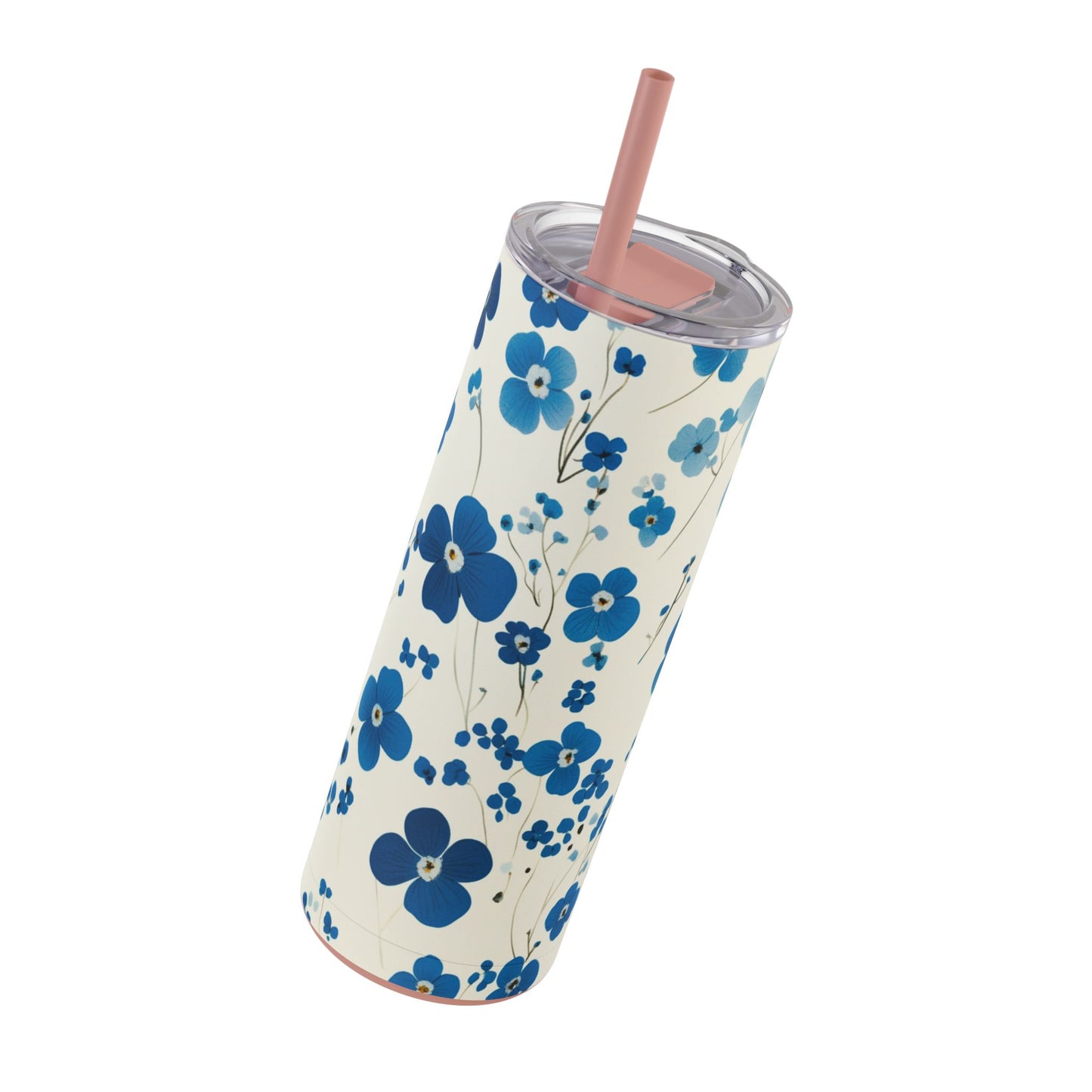 "Forget me nots Skinny Tumbler with a soft purple floral print and high-quality finish. Durable and stylish for everyday hydration."