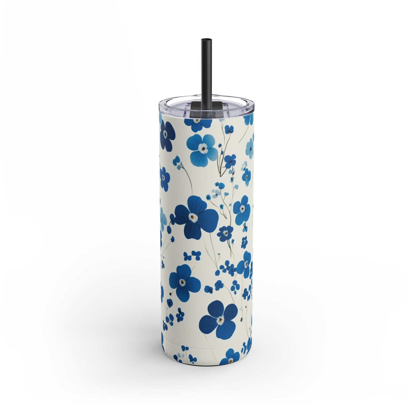 "Forget me nots Skinny Tumbler with a soft purple floral design. Sleek and insulated for hot and cold drinks, perfect for daily use."