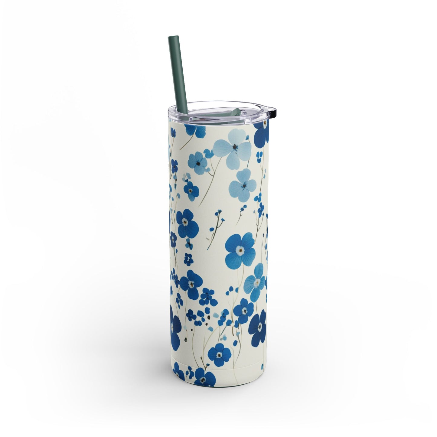 "Forget me nots Skinny Tumbler, perfect for travel, work, and home. Lightweight and portable for effortless hydration on the go."