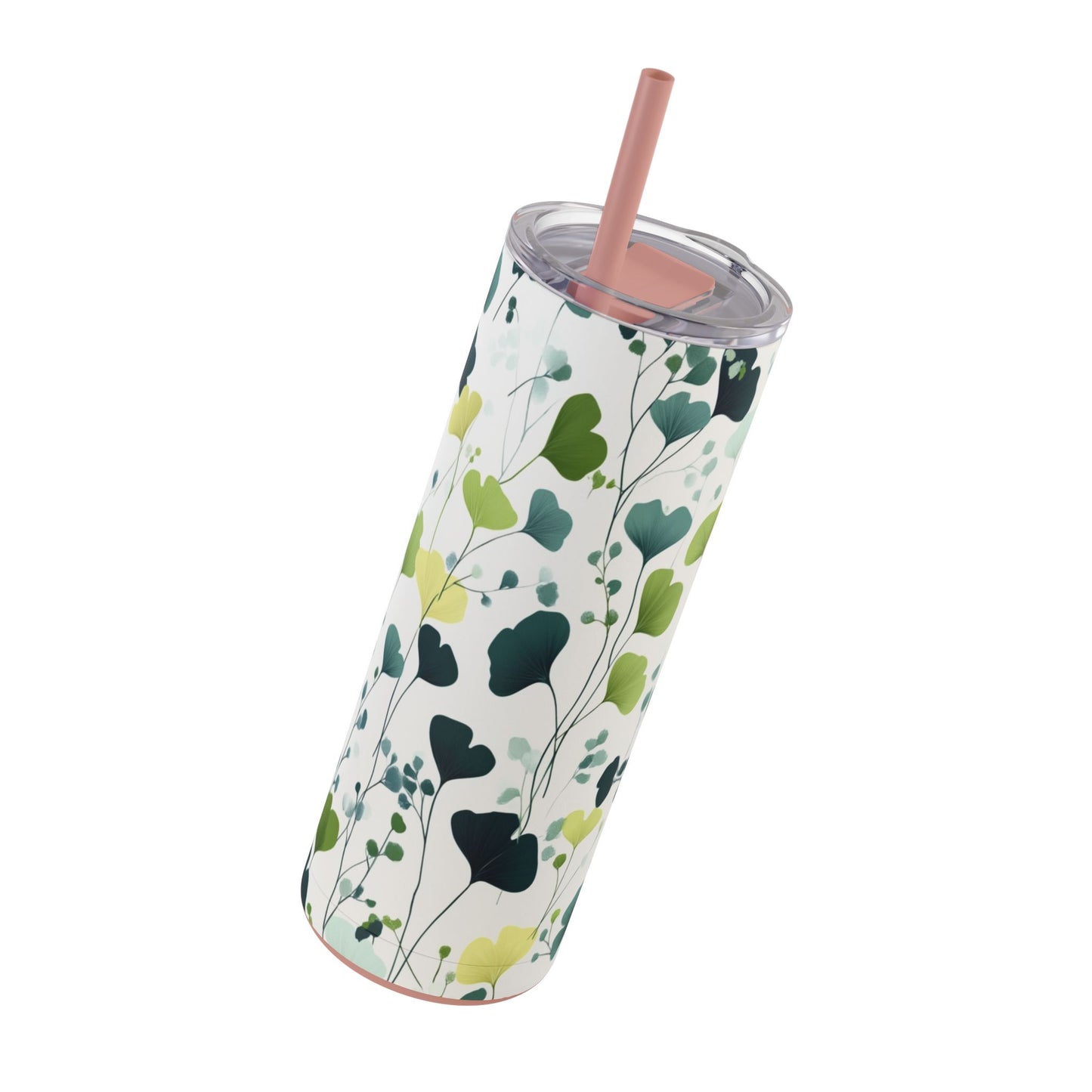 "Ginkgo Skinny Tumbler with a soft purple floral print and high-quality finish. Durable and stylish for everyday hydration."