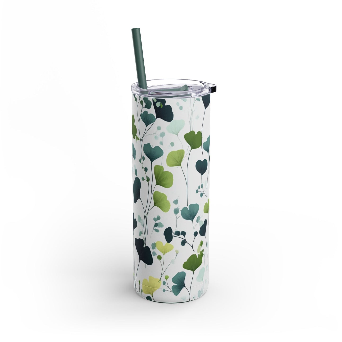 "Ginkgo Skinny Tumbler, perfect for travel, work, and home. Lightweight and portable for effortless hydration on the go."
