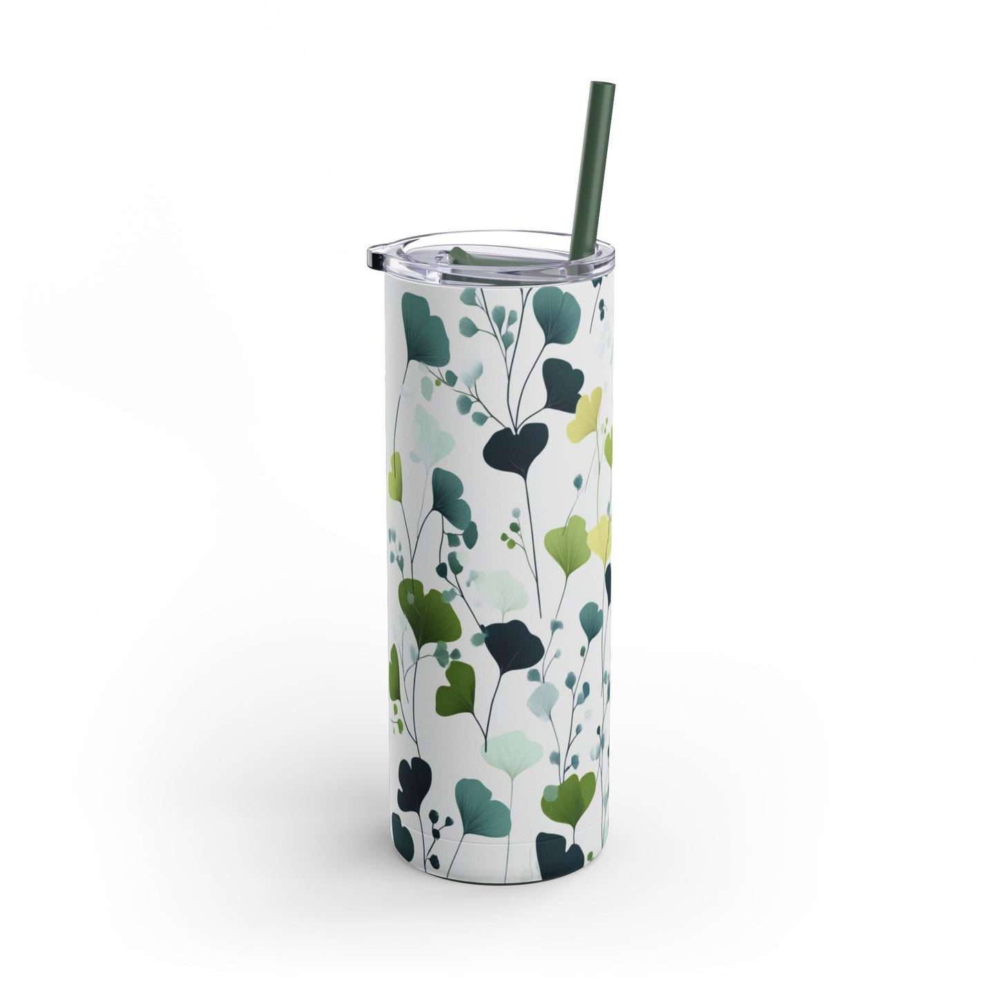 "Ginkgo Skinny Tumbler with a slim, ergonomic design and a seamless floral print. Fits comfortably in hand and cup holders."