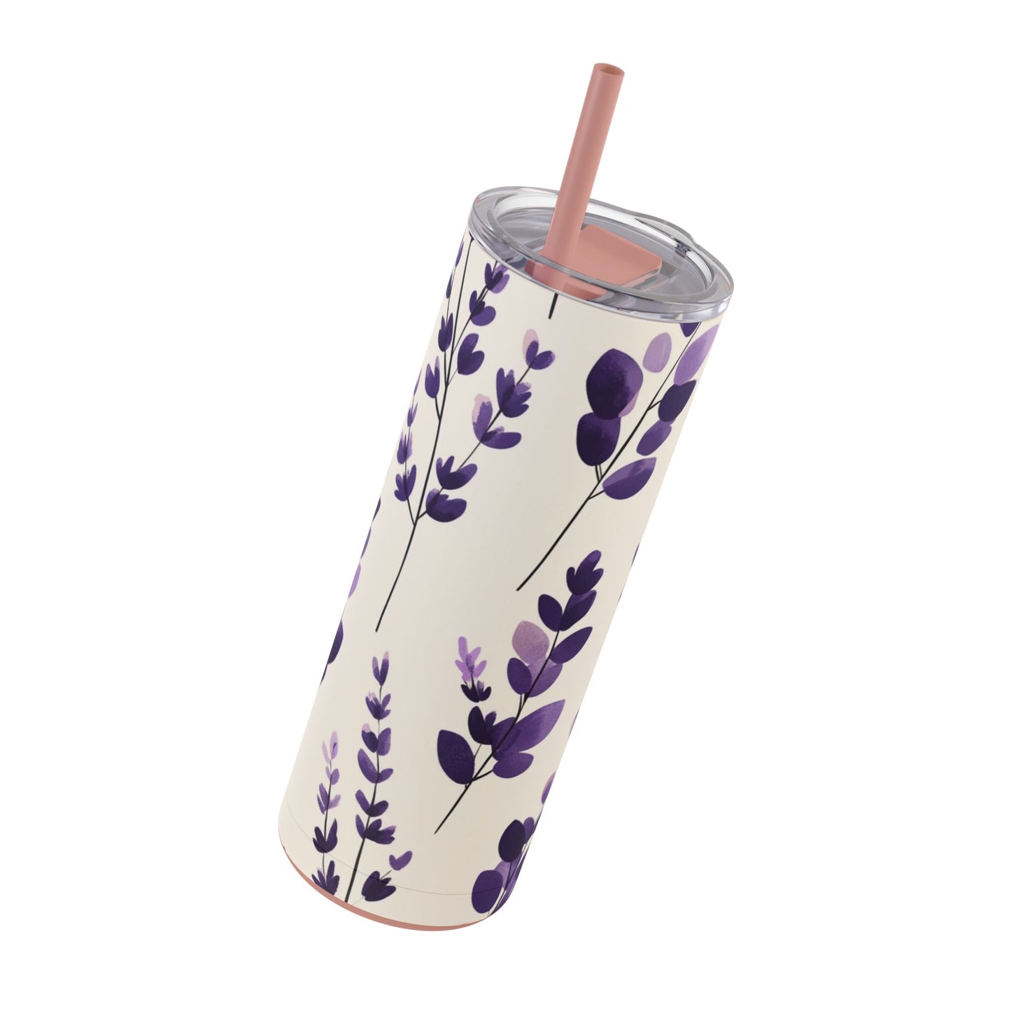 "Lavender Skinny Tumbler with a soft purple floral print and high-quality finish. Durable and stylish for everyday hydration."