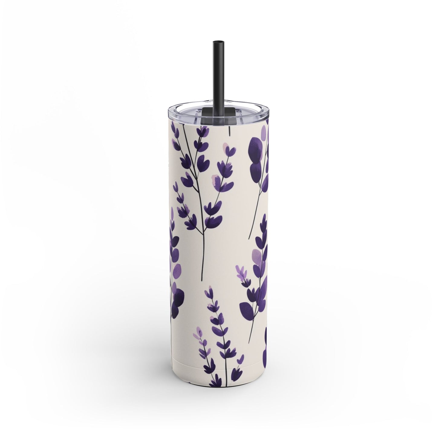 "Lavender Skinny Tumbler with a soft purple floral design. Sleek and insulated for hot and cold drinks, perfect for daily use."