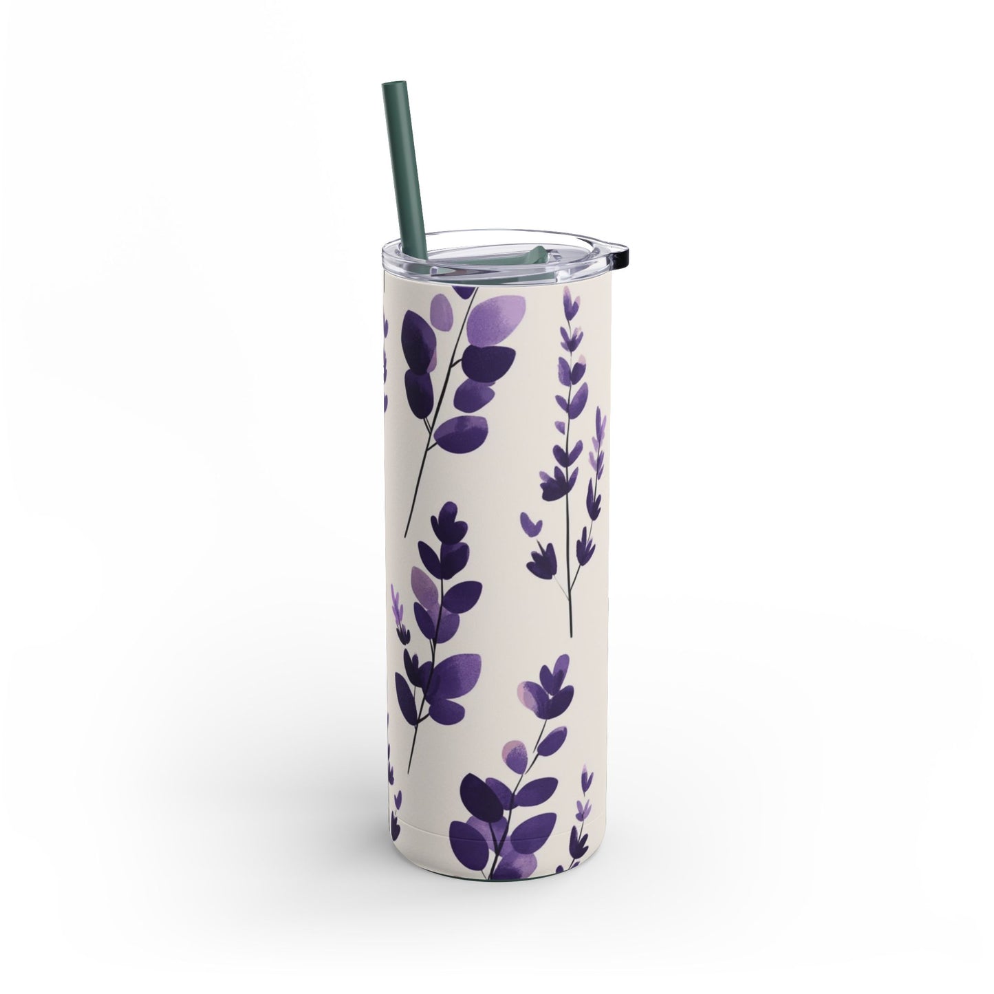 "Lavender Skinny Tumbler with a slim, ergonomic design and a seamless floral print. Fits comfortably in hand and cup holders."