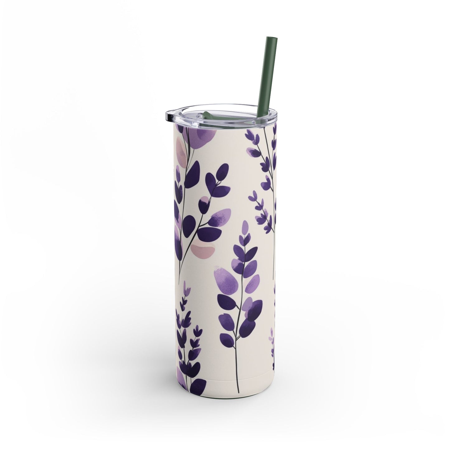 "Lavender Skinny Tumbler with a slim, ergonomic design and a seamless floral print. Fits comfortably in hand and cup holders."