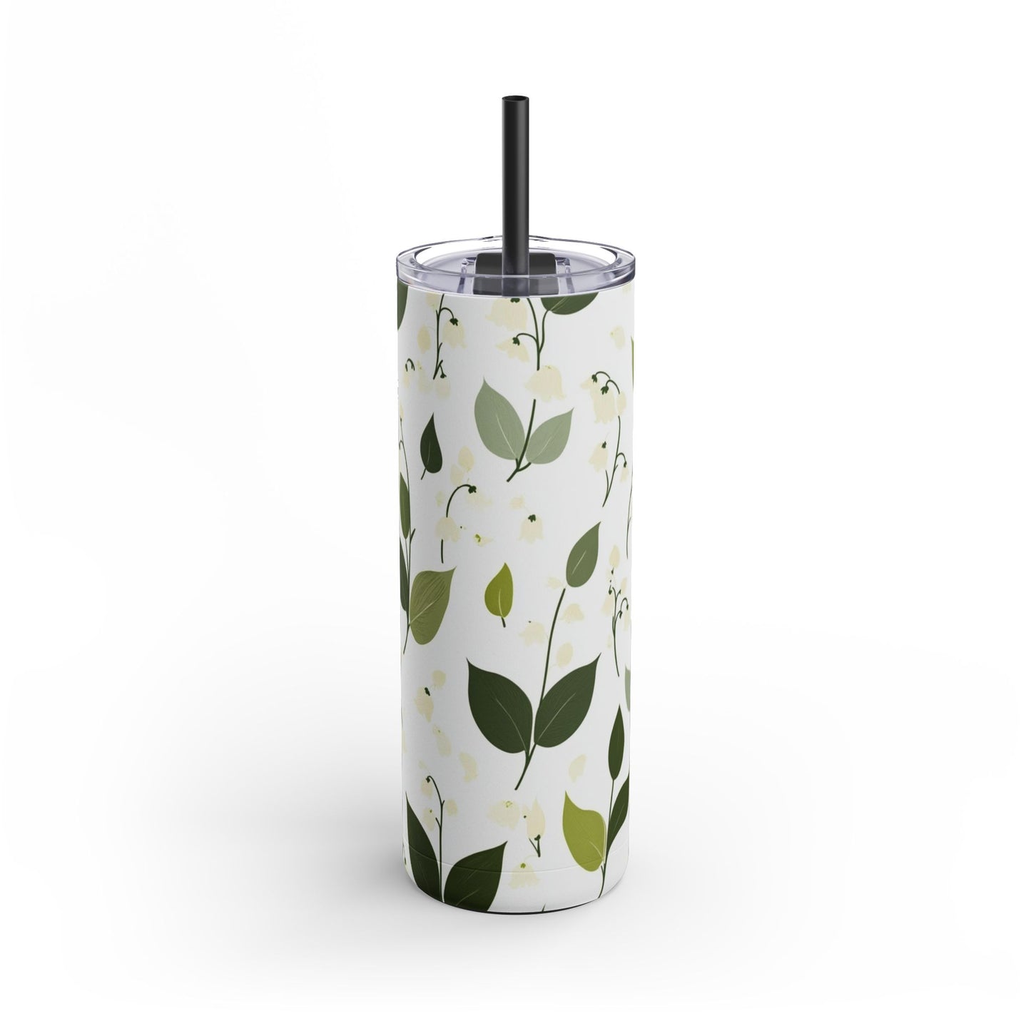 "Lily of the Valley Skinny Tumbler with a soft purple floral design. Sleek and insulated for hot and cold drinks, perfect for daily use."