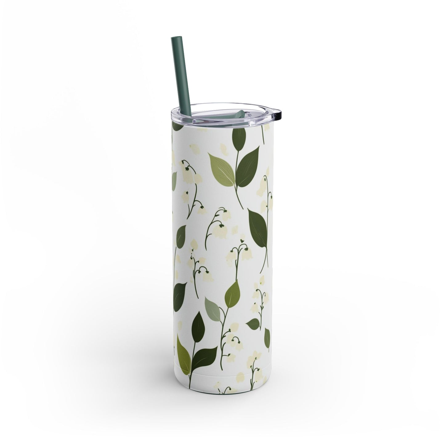 "Lily of the Valley Skinny Tumbler, perfect for travel, work, and home. Lightweight and portable for effortless hydration on the go."