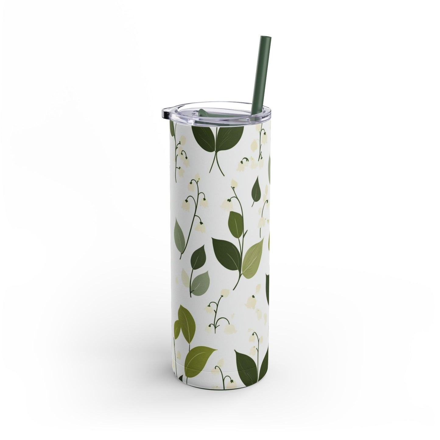 "Lily of the Valley Skinny Tumbler with a slim, ergonomic design and a seamless floral print. Fits comfortably in hand and cup holders."