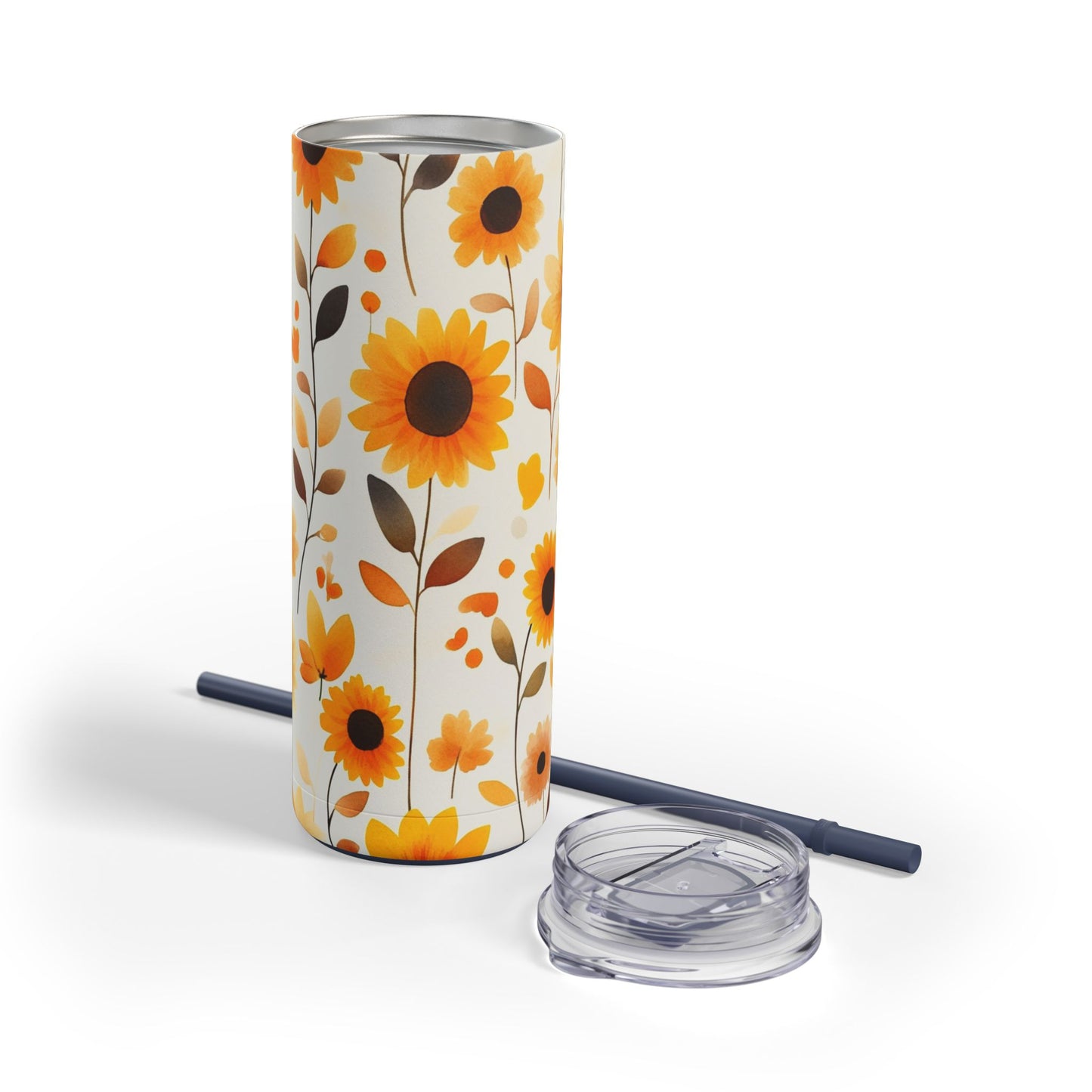 "Sunflower Skinny Tumbler with a soft yellow floral design, perfect for tea, coffee, or iced drinks. Double-wall insulated for temperature retention, ideal for travel, work, or relaxation."