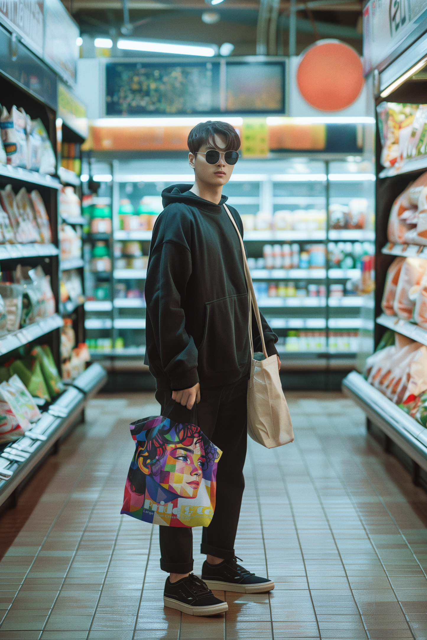 a-man-carrying-Pride&Prejudice-tote-bags-in-a-supermarket
