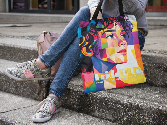 a-woman-sitting-on-stairs-with-a-Pride&Prejudice-canvas-tote-bag