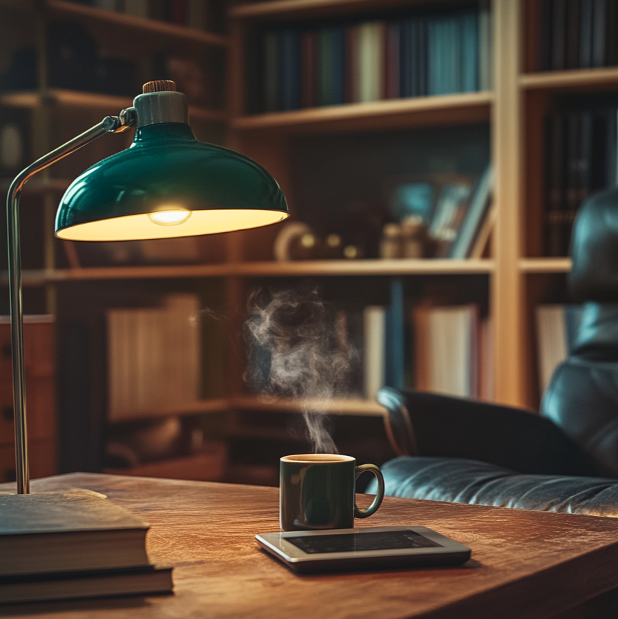 a modern looking private library, a Kindle e-reader and a coffee mug with subtle steam coming out, on a wooden table, a green bankers lamp casting warm, soft light, Eames lounge chair, rich textures and muted colors.