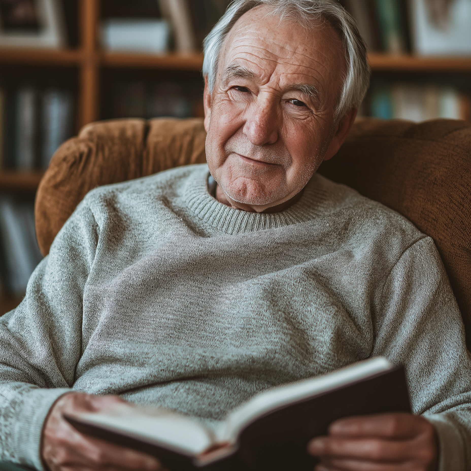 An older man sitting in an armchair, reading.