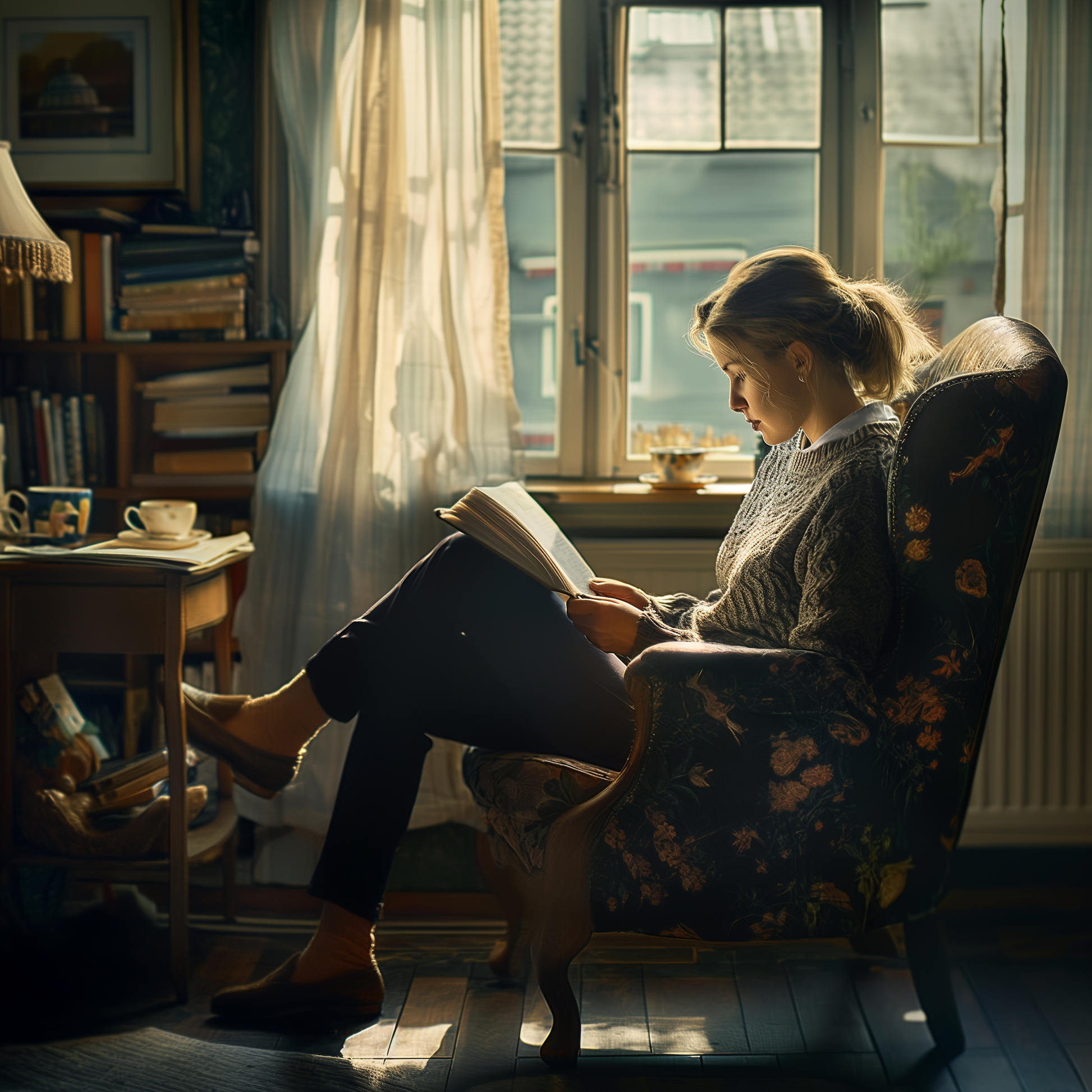 A woman sitting in an old-fashioned armchair, reading a book. The armchair is close to a small desk, a shelf full of books and a window.