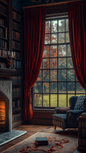 A private library_ in an English-style manor house, with a large window into the garden, an armchair and a fireplace.