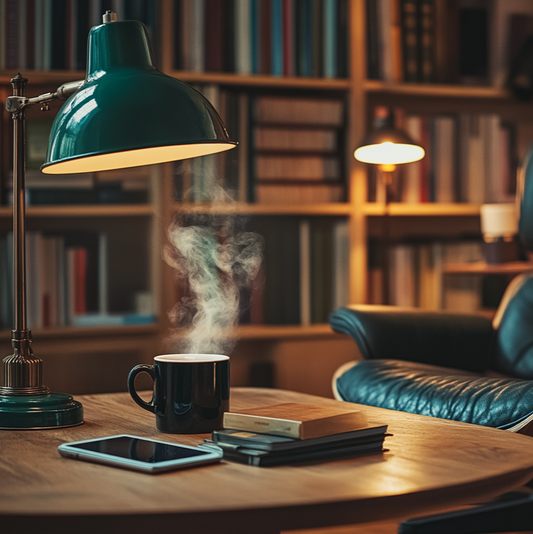 a modern looking private library, a Kindle e-reader and a coffee mug with subtle steam coming out, on a wooden table, a green bankers lamp casting warm, soft light, Eames lounge chair, rich textures and muted colors.