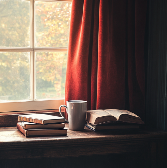 a window seat, a stack of books and a coffee mug on a wooden table, the sun casting warm, soft light through the window, velvet red curtains rich textures and muted colors