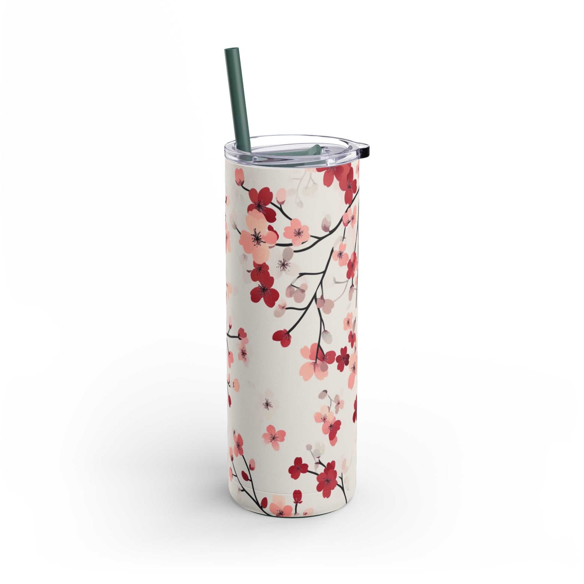 "Cherry Blossoms Skinny Tumbler, perfect for travel, work, and home. Lightweight and portable for effortless hydration on the go."
