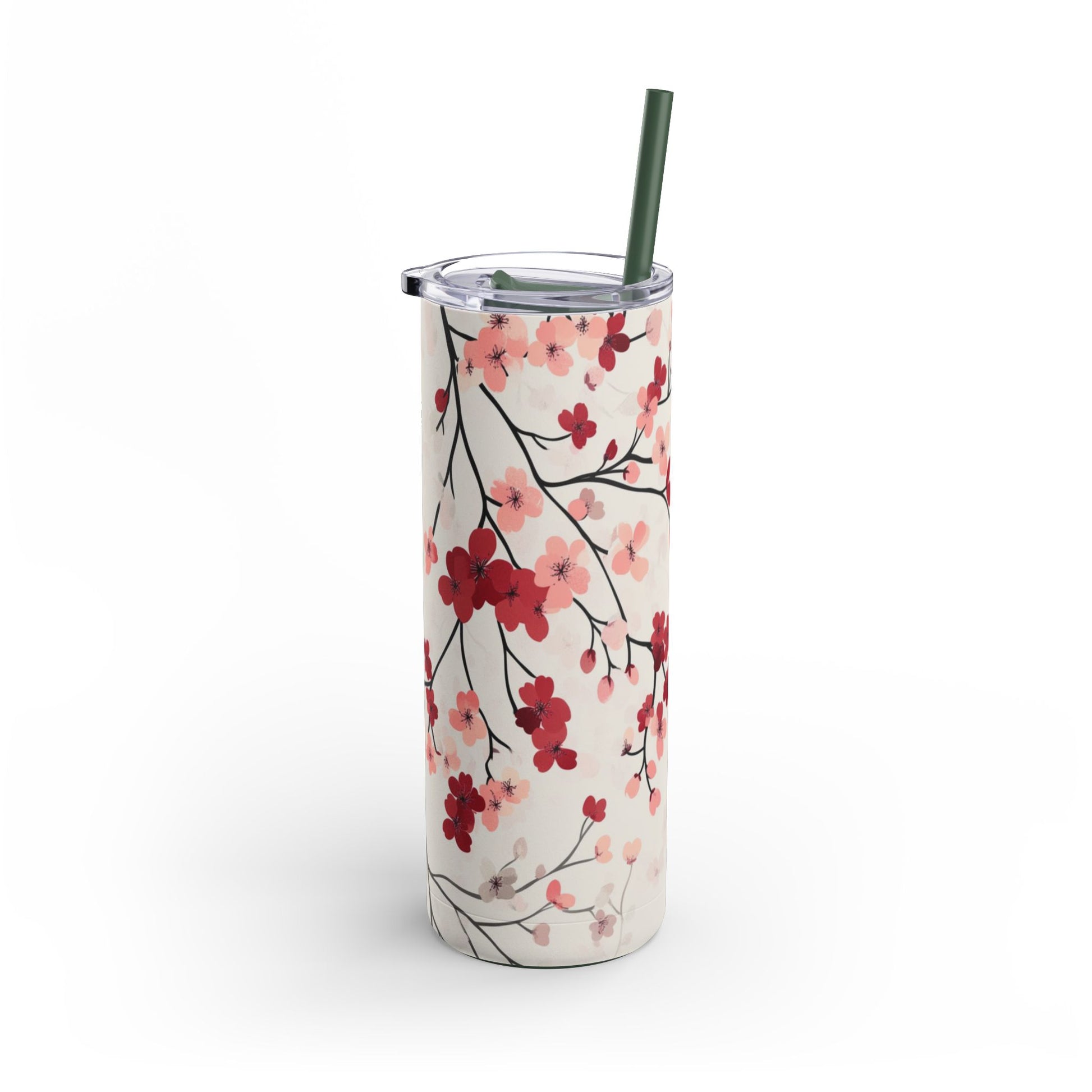 "Cherry Blossoms Skinny Tumbler with a slim, ergonomic design and a seamless floral print. Fits comfortably in hand and cup holders."