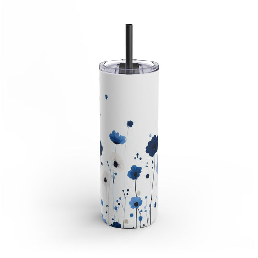 "Cornflower Skinny Tumbler with a soft purple floral design. Sleek and insulated for hot and cold drinks, perfect for daily use."