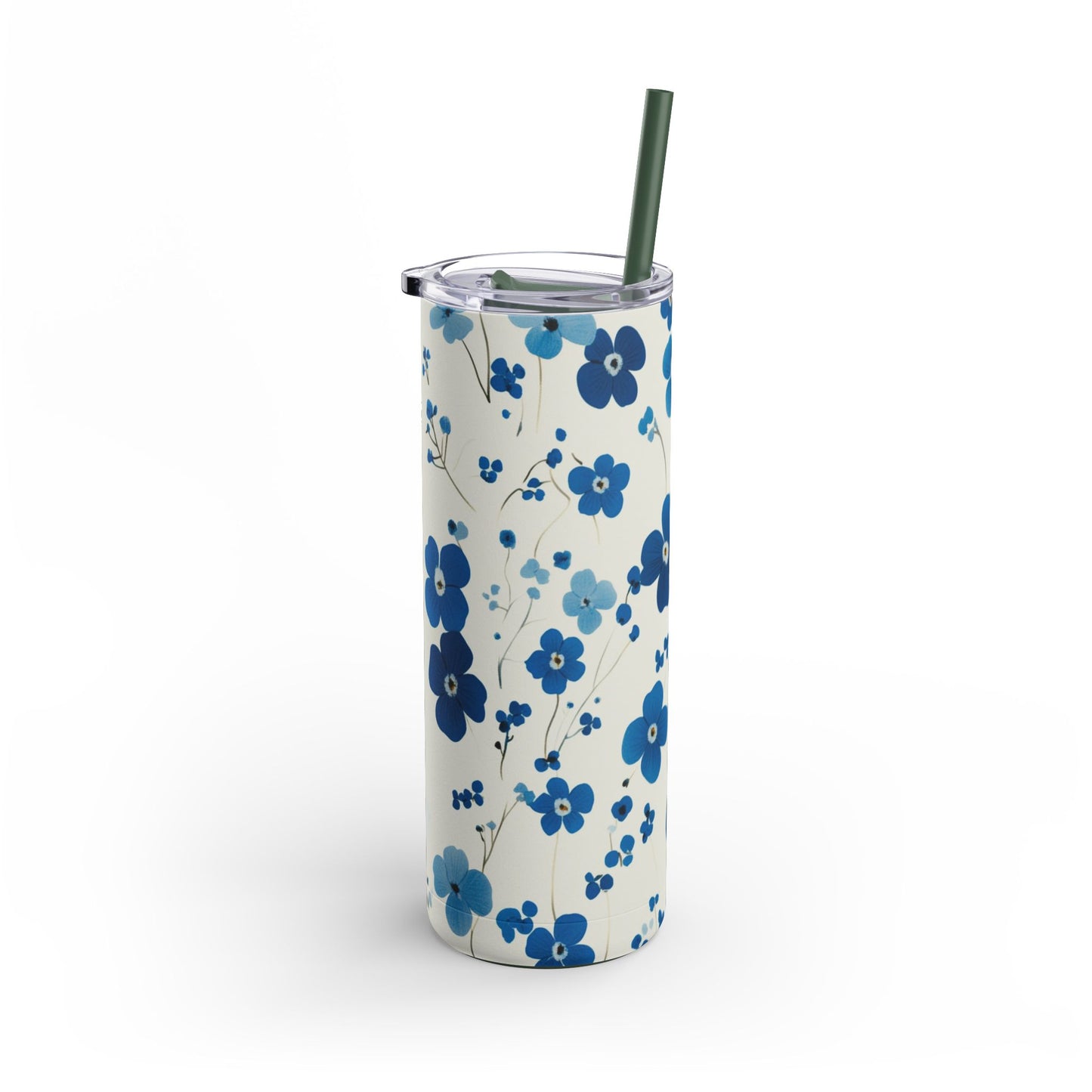 "Forget me nots Skinny Tumbler with a slim, ergonomic design and a seamless floral print. Fits comfortably in hand and cup holders."