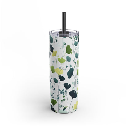 "Ginkgo Skinny Tumbler with a soft purple floral design. Sleek and insulated for hot and cold drinks, perfect for daily use."