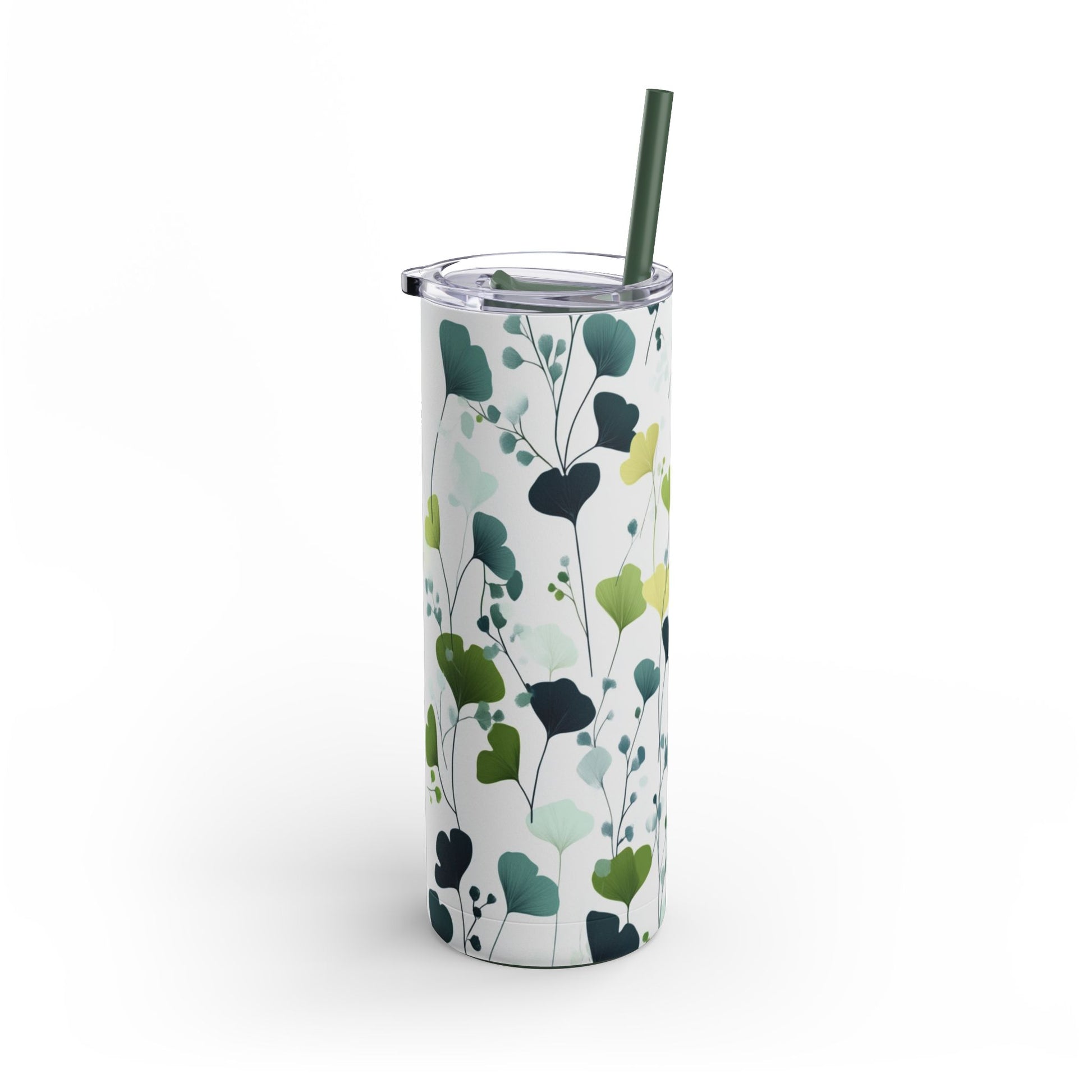 "Ginkgo Skinny Tumbler with a slim, ergonomic design and a seamless floral print. Fits comfortably in hand and cup holders."