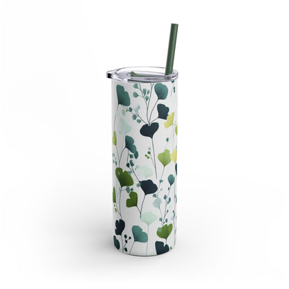 "Ginkgo Skinny Tumbler with a slim, ergonomic design and a seamless floral print. Fits comfortably in hand and cup holders."