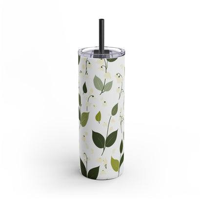 "Lily of the Valley Skinny Tumbler with a soft purple floral design. Sleek and insulated for hot and cold drinks, perfect for daily use."