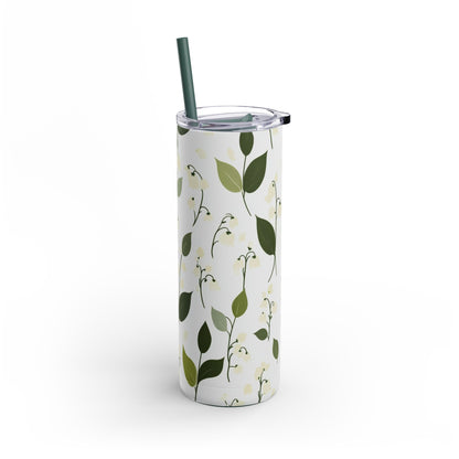 "Lily of the Valley Skinny Tumbler, perfect for travel, work, and home. Lightweight and portable for effortless hydration on the go."