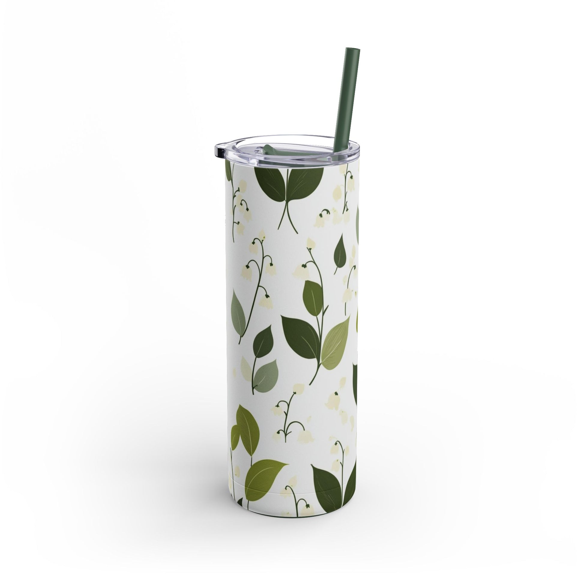 "Lily of the Valley Skinny Tumbler with a slim, ergonomic design and a seamless floral print. Fits comfortably in hand and cup holders."