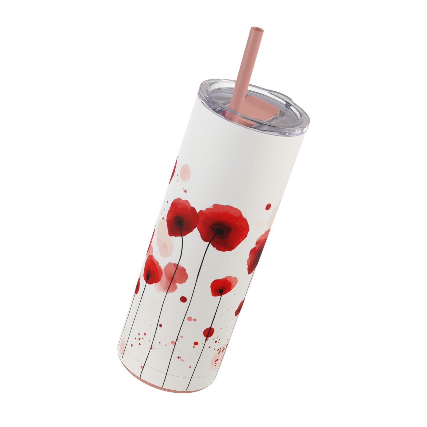 "Poppies Skinny Tumbler with a soft purple floral print and high-quality finish. Durable and stylish for everyday hydration."