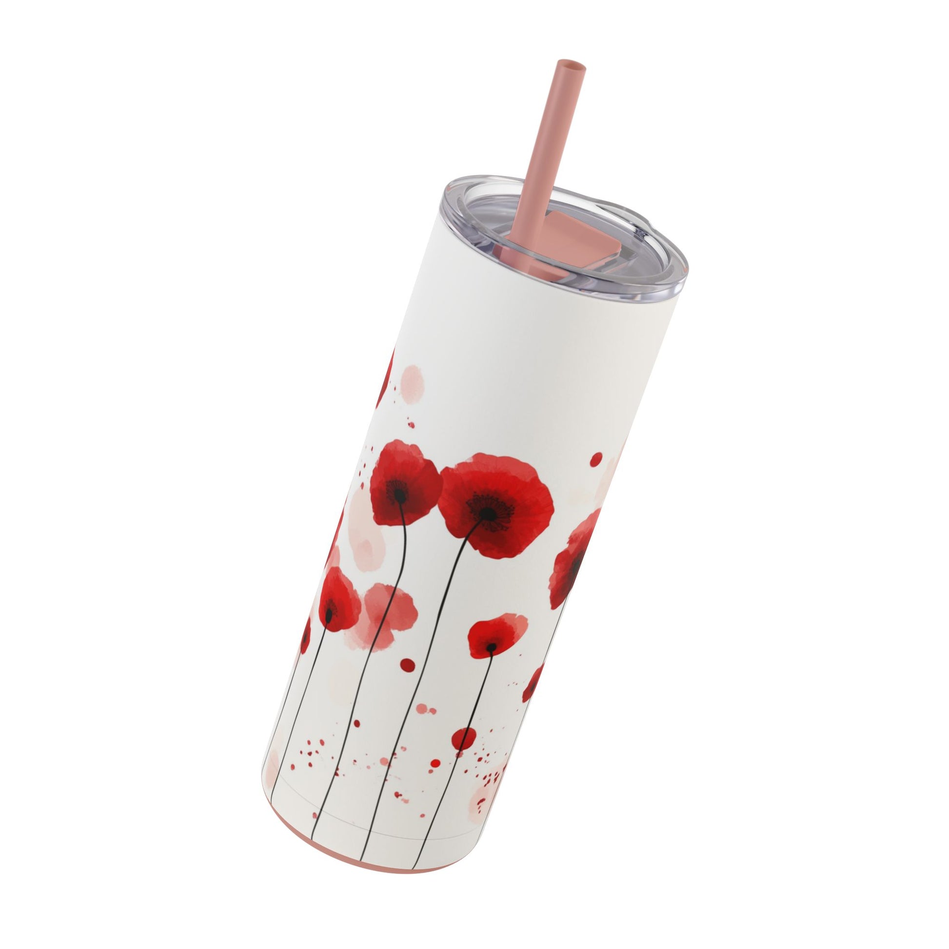 "Poppies Skinny Tumbler with a soft purple floral print and high-quality finish. Durable and stylish for everyday hydration."