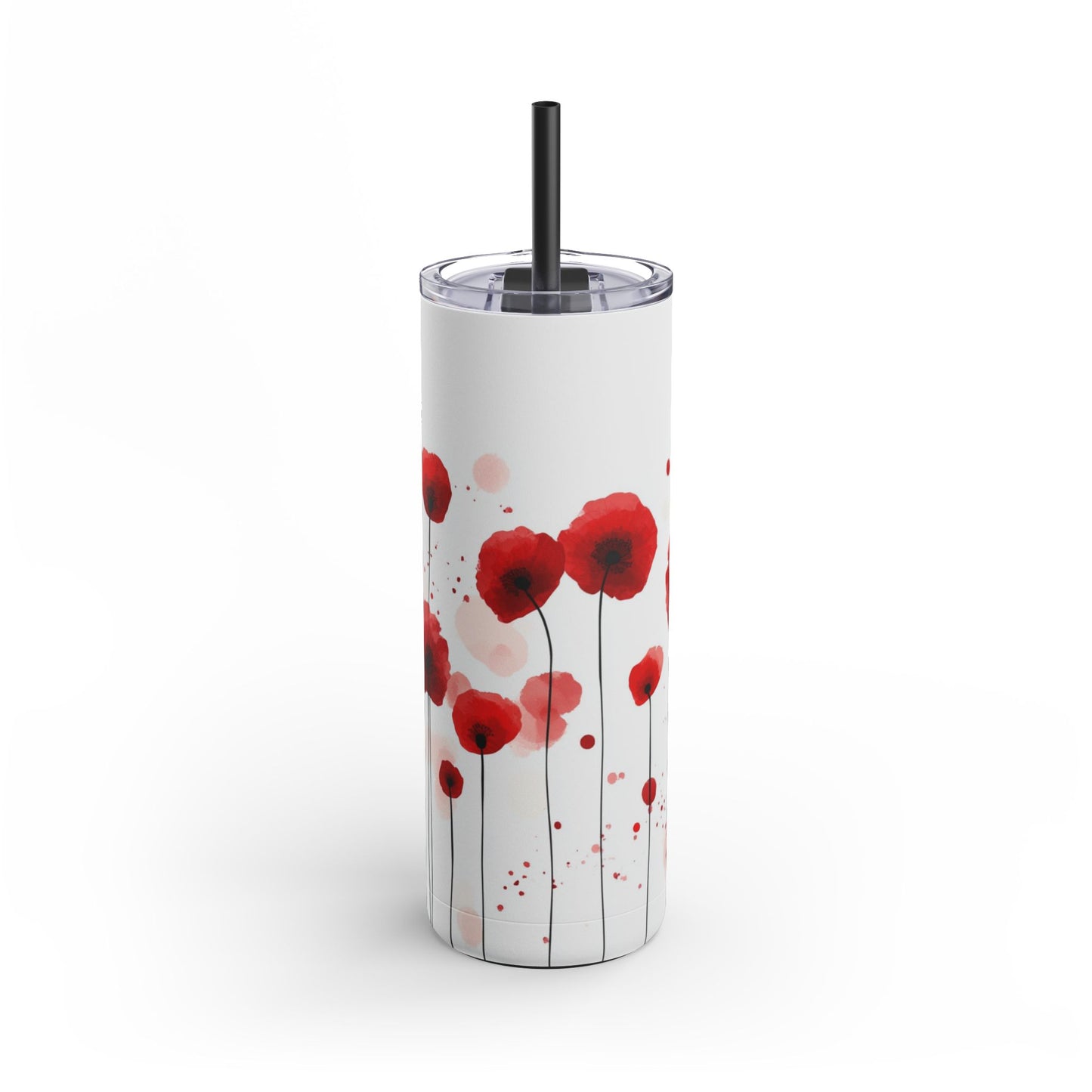 "Poppies Skinny Tumbler with a soft purple floral design. Sleek and insulated for hot and cold drinks, perfect for daily use."
