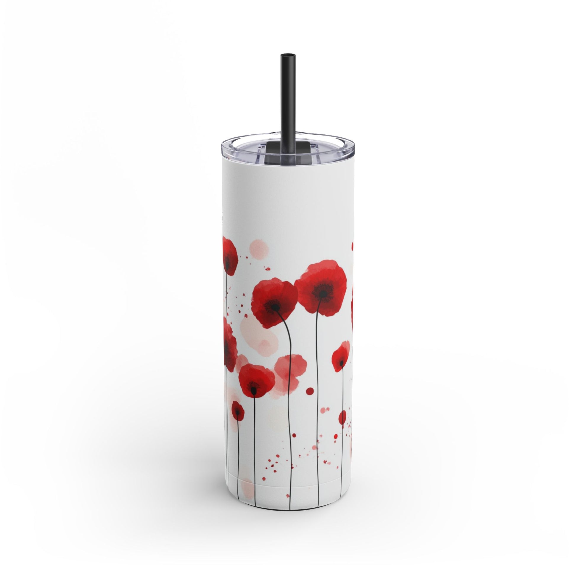 "Poppies Skinny Tumbler with a soft purple floral design. Sleek and insulated for hot and cold drinks, perfect for daily use."