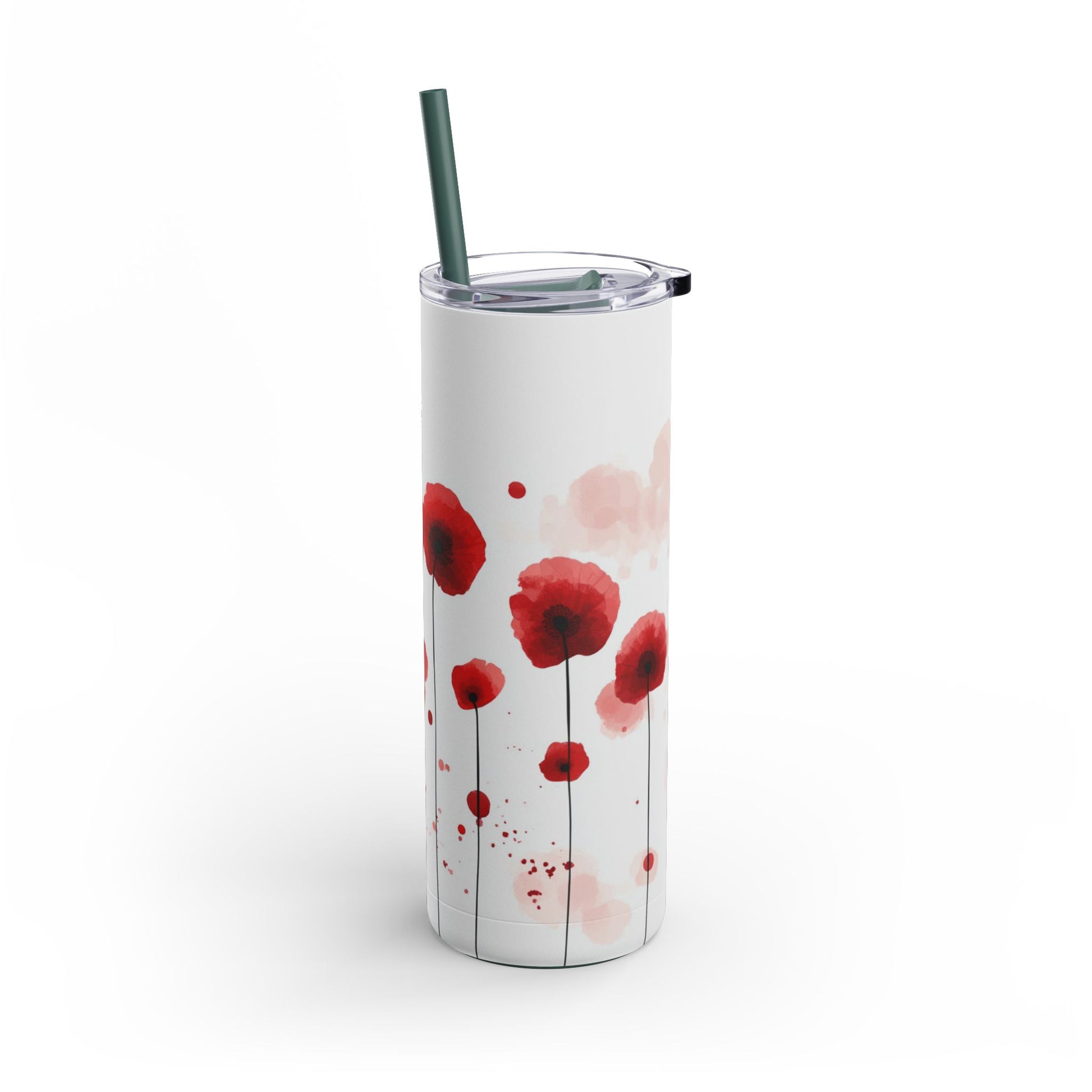 "Poppies Skinny Tumbler, perfect for travel, work, and home. Lightweight and portable for effortless hydration on the go."