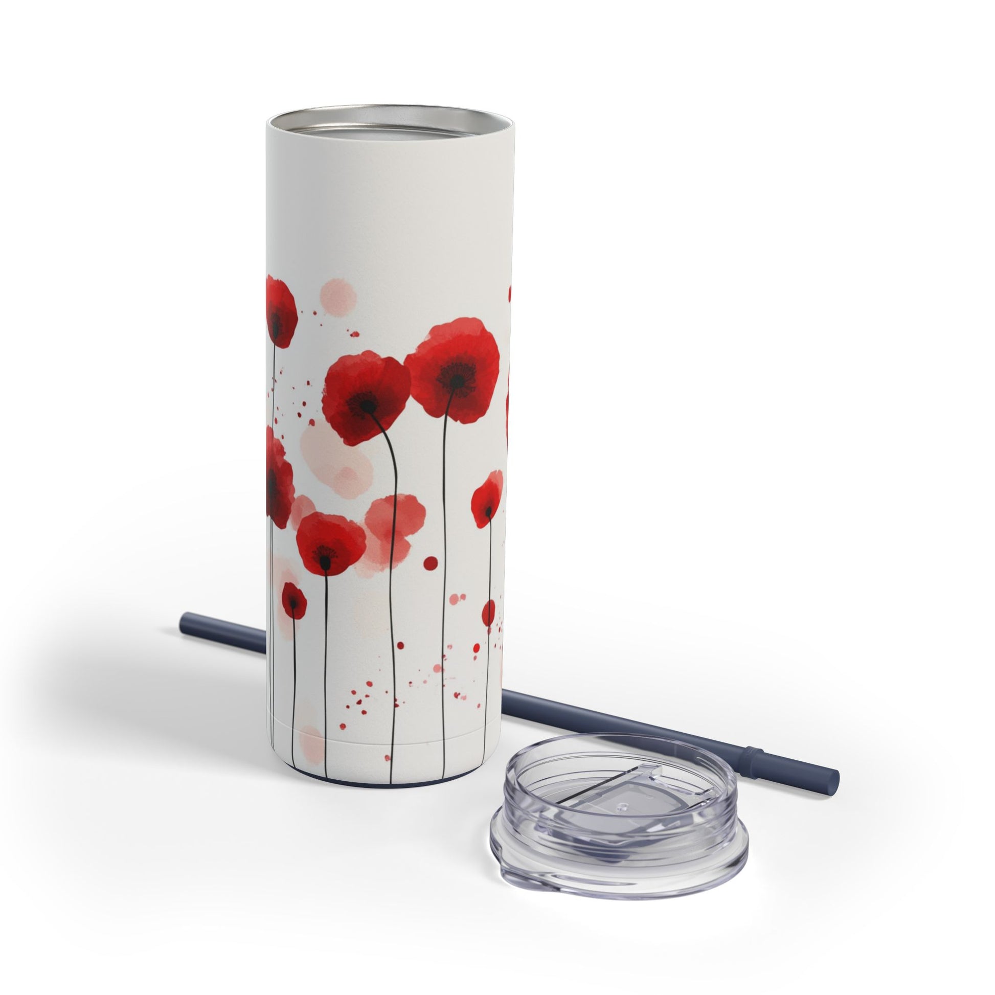 "Poppies Skinny Tumbler with a soft red floral design, perfect for tea, coffee, or iced drinks. Double-wall insulated for temperature retention, ideal for travel, work, or relaxation."